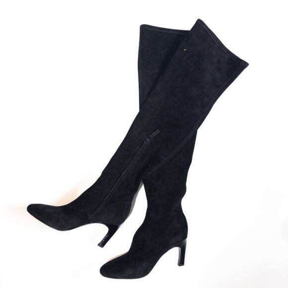 Tory Burch Over the Knee Stretch Boot Womens 7 Black Suede 80mm Snake Skin Heel - Picture 2 of 10